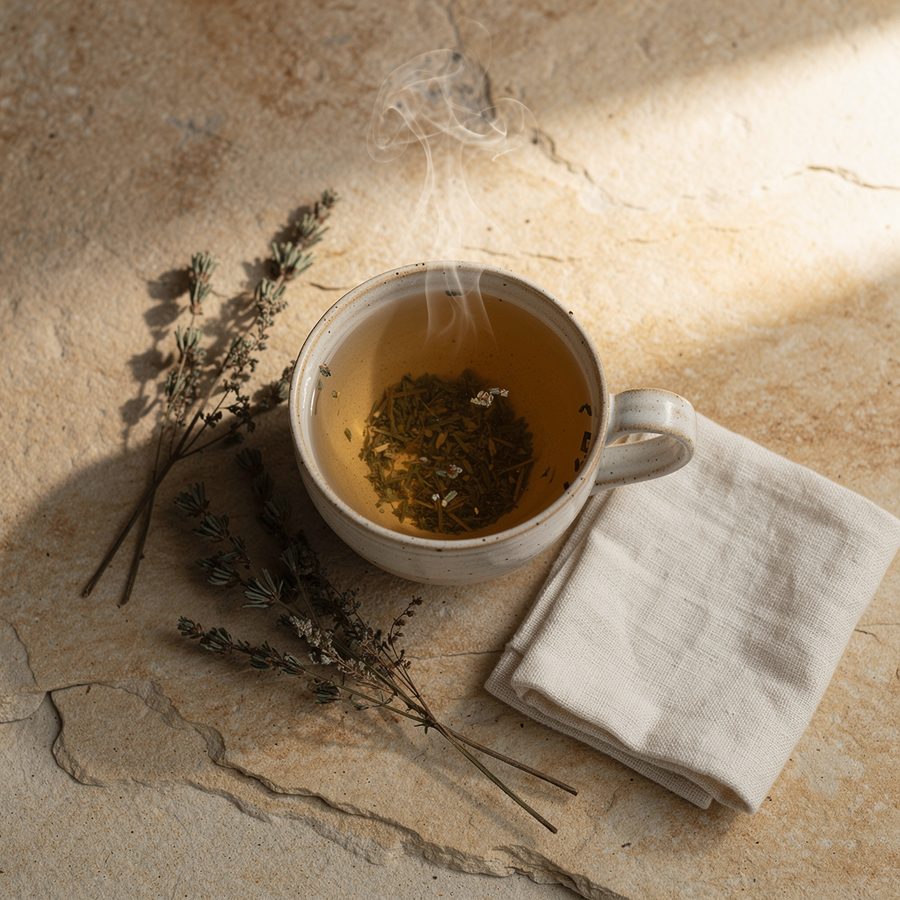 Tasse warmer Kräutertee von oben — Wellness-Stimmung im SALISEO Studio